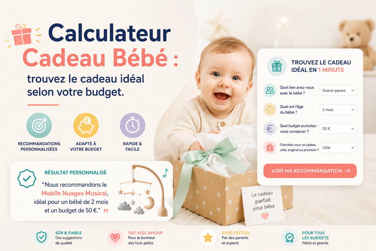 Quel cadeau offrir à un bébé ? Trouvez l'idée parfaite en 1 minute